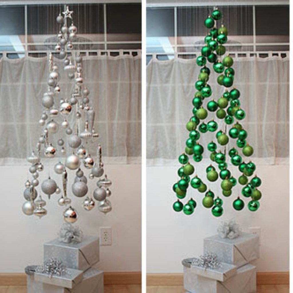 christmas tree mobile with green and silver decorations