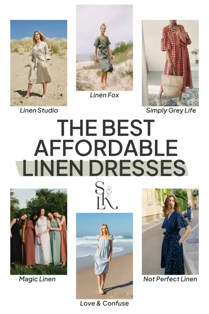 Text reading "the best affordable linen dresses", showcasing affordable linen dresses from brands like Linen Studio, Linen Fox, Simply Grey Life and more.