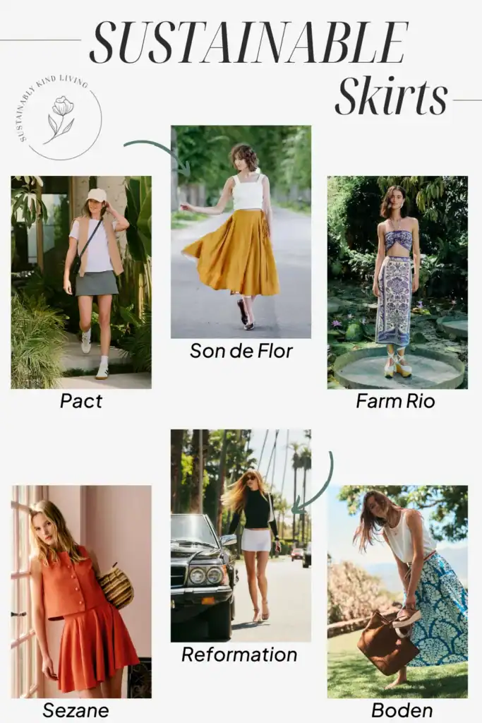Text reading "sustainable skirts", showcasing sustainable skirt brands such as Pact, Son de Flor, Farm Rio and more.