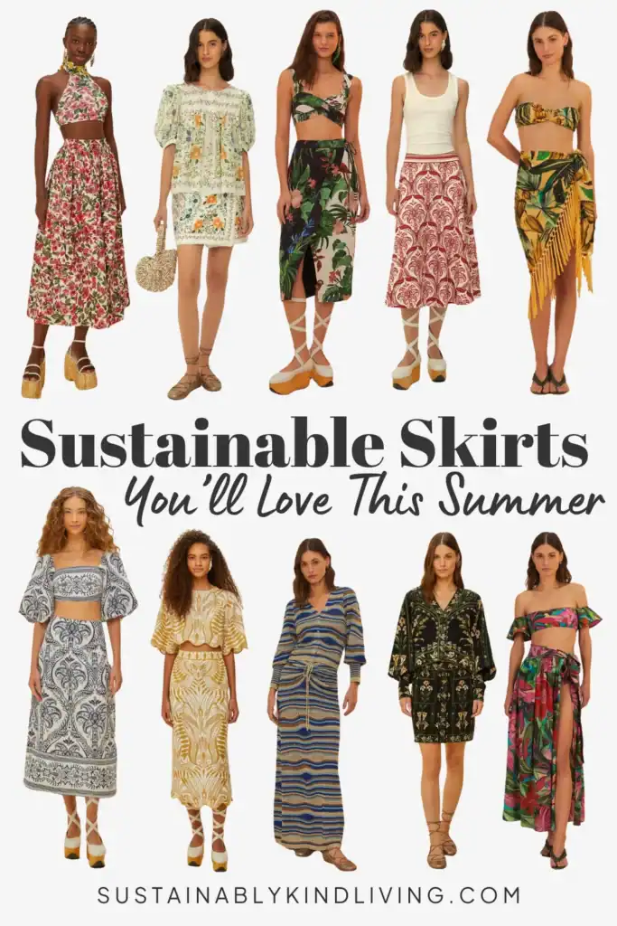 Text reading "sustainable skirts you'll love this summer", showcasing women wearing sustainable skirts.