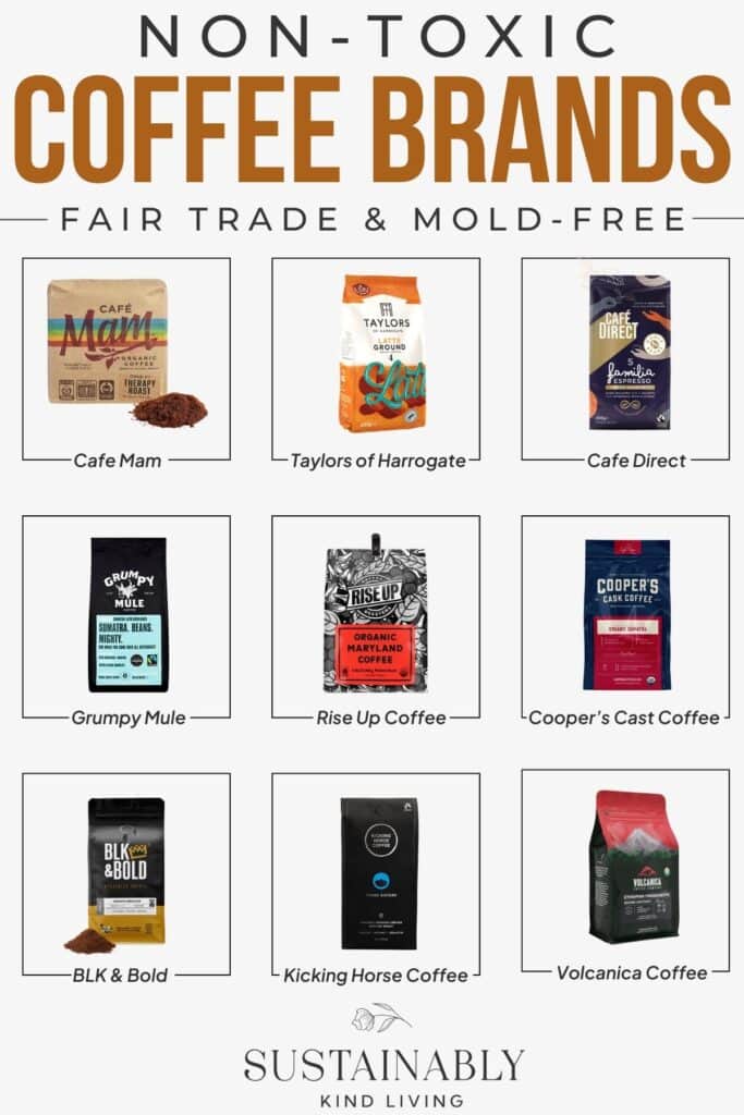 Text reading "Non-Toxic Coffee Brands, Fair Trade & Mold-Free", showcasing 9 non-toxic coffee brands such as Cafe Direct, Rise Up Coffee, Grumpy Mule and more.