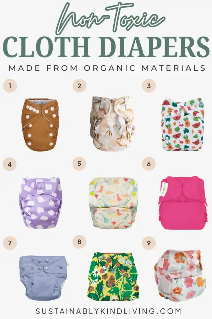 Text reading "non-toxic cloth diapers", showcasing non-toxic cloth diaper brands such as Grovia, Bum Genius, Babee Greens and more.