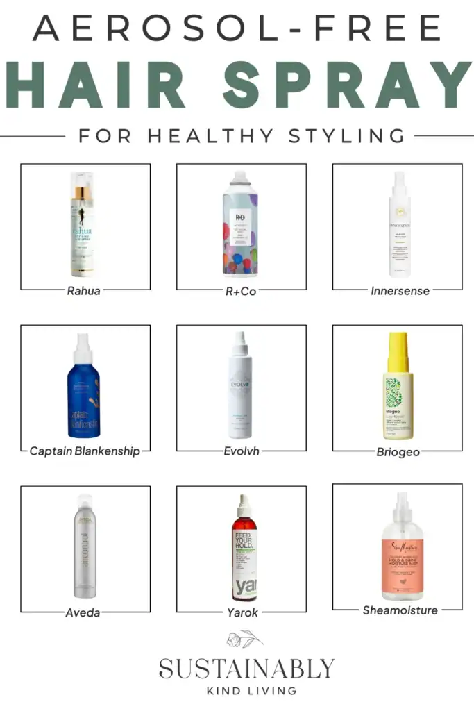 Text reading "aerosol-free hair spray", showcasing aerosol-free hair spray from brands like Rahua, Innersense, Evolvh and more.