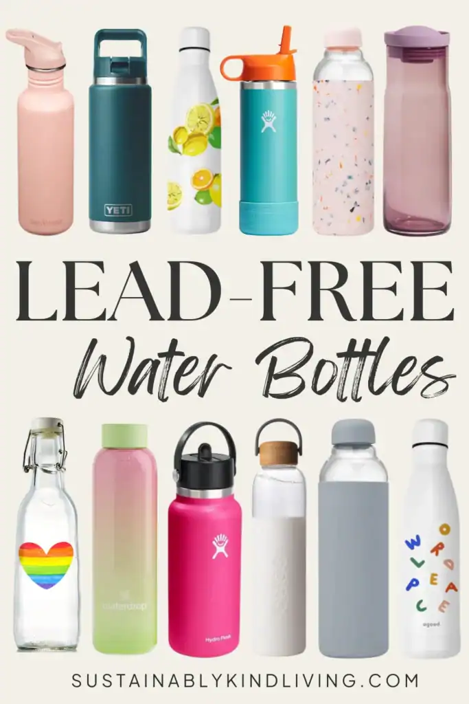 Text reading "lead-free water bottles", with a collage showcasing lead-free water bottles.