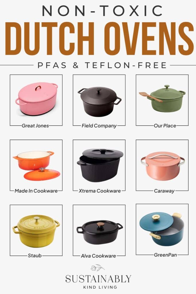 Text reading "Non-Toxic Dutch Ovens, PFAS & Teflon-Free", showcasing 9 non-toxic Dutch oven brands such as Great Jones, Caraway, Our Place and more.