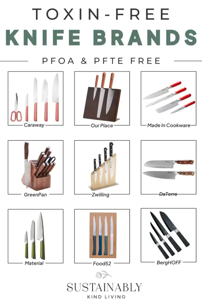 Text reading "toxin-free knife brands", showcasing toxin-free knife brands such as Caraway, Our Place, Made In Cookware and more.