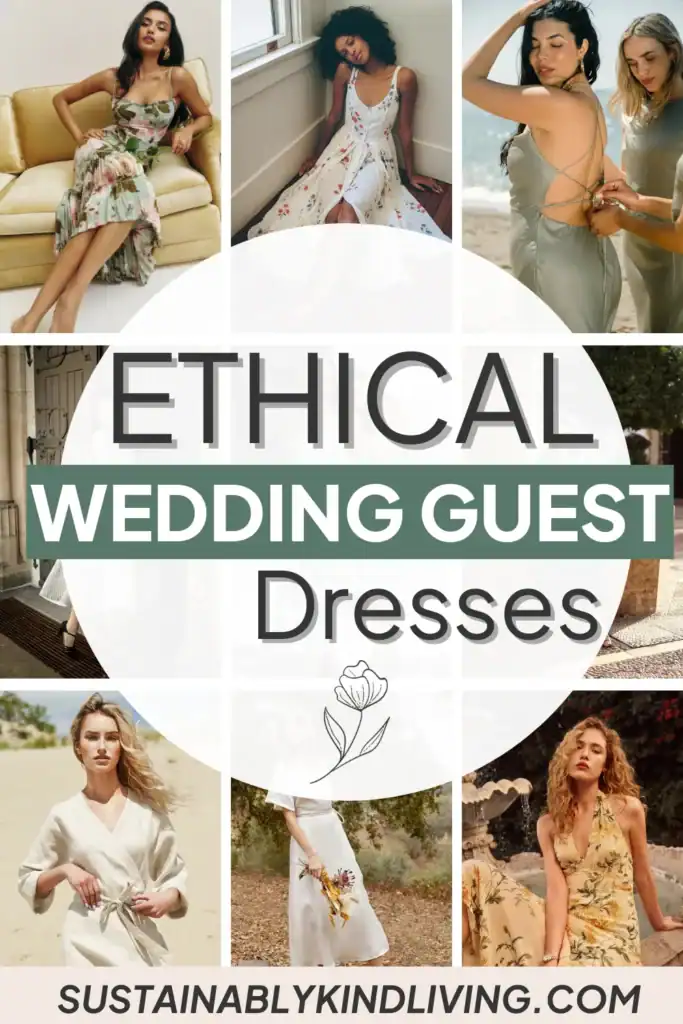 Text reading "ethical wedding guest dresses" with a collage of ethical wedding guest dresses.