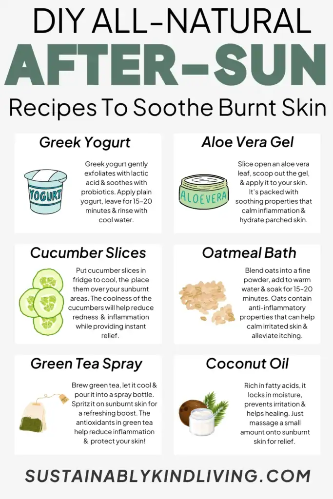 Text reading "DIY all-natural after-sun recipes to soothe burnt skin", showcasing DIY after-sun recipes such as Greek Yogurt, aloe vera gel, coconut oil and more.