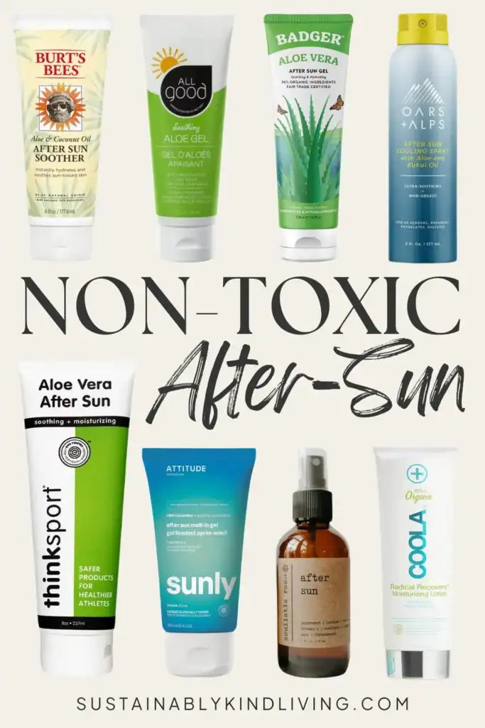 Text reading "non-toxic after sun", showcasing a collage of non-toxic after-sun.