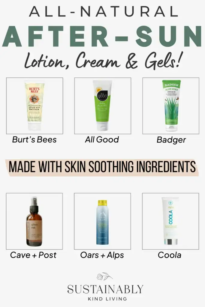 Text reading "all-natural after-sun lotion, cream & gels", showcasing all-natural after-sun brands such as Burt's Bees, All Good, Badger and more.