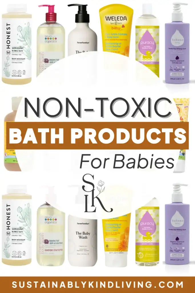 Text reading "non-toxic bath products for babies" with a collage of non-toxic baby bath products.