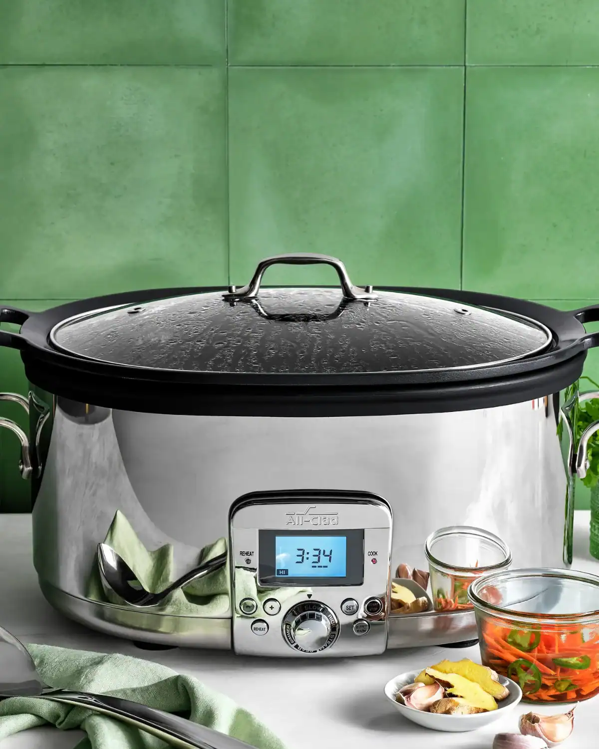 All-Clad stainless steel slow cooker with 18/10 insert, non-toxic and free from ceramic glazes and coatings.