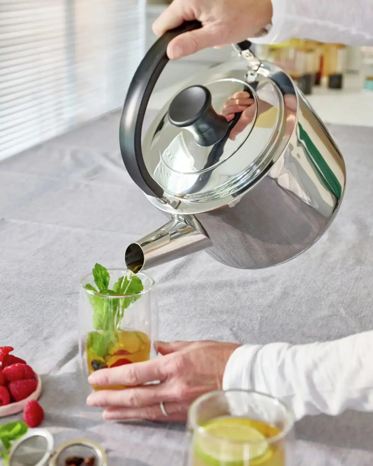 Demeyere non-toxic tea kettle made from 18/10 stainless steel, durable and free from coatings and harmful chemicals.