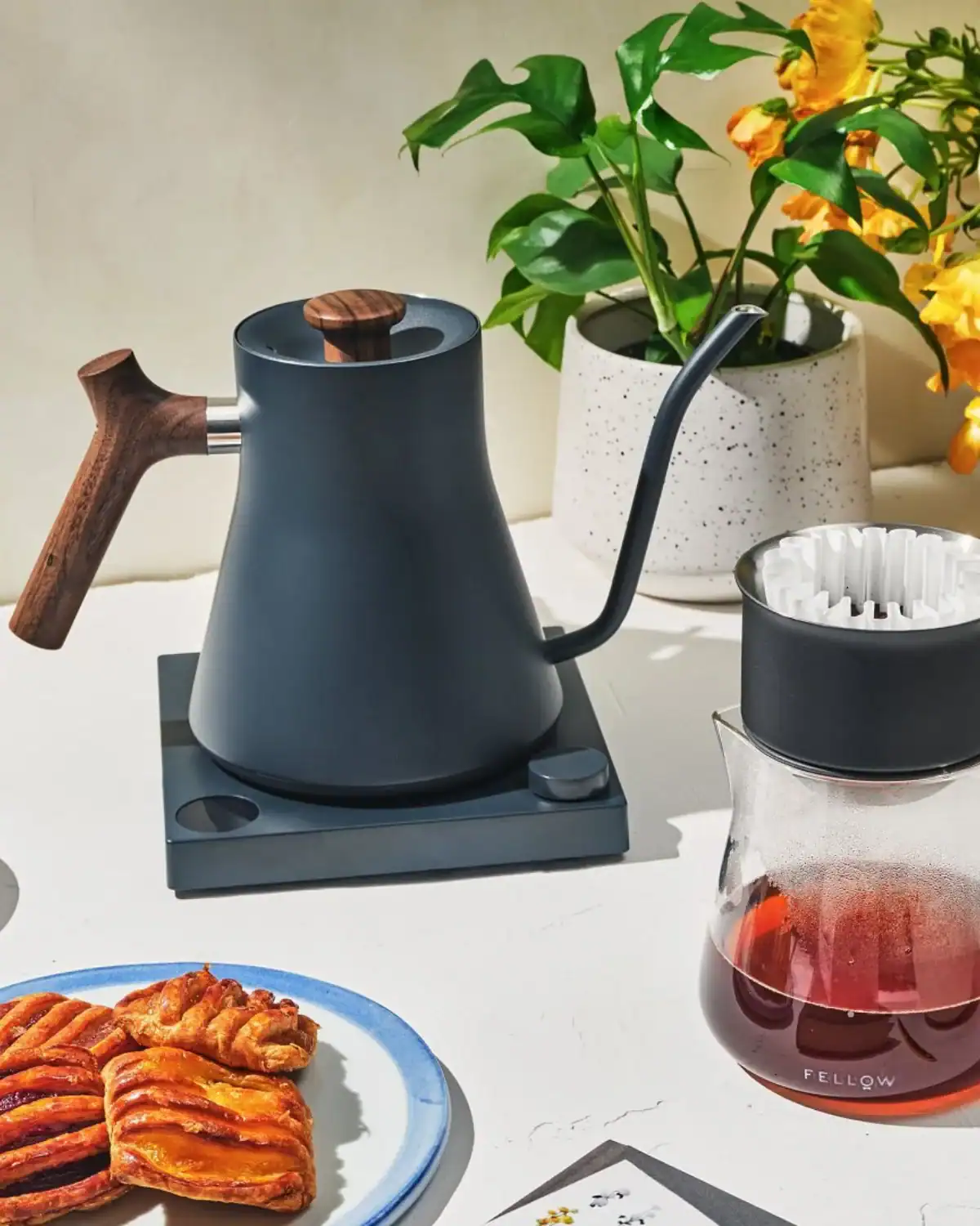 Fellow Stagg gooseneck tea kettle with 304 stainless steel interior, non-toxic design for precision pour coffee and tea.
