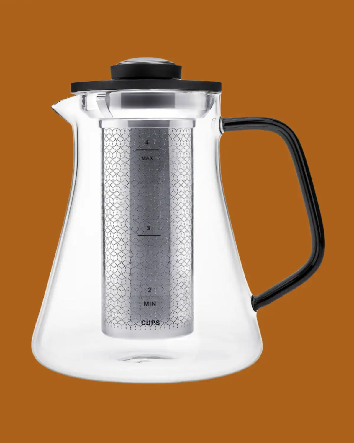 Teabloom borosilicate glass tea kettle with stainless steel components, non-toxic and plastic-free water contact design.