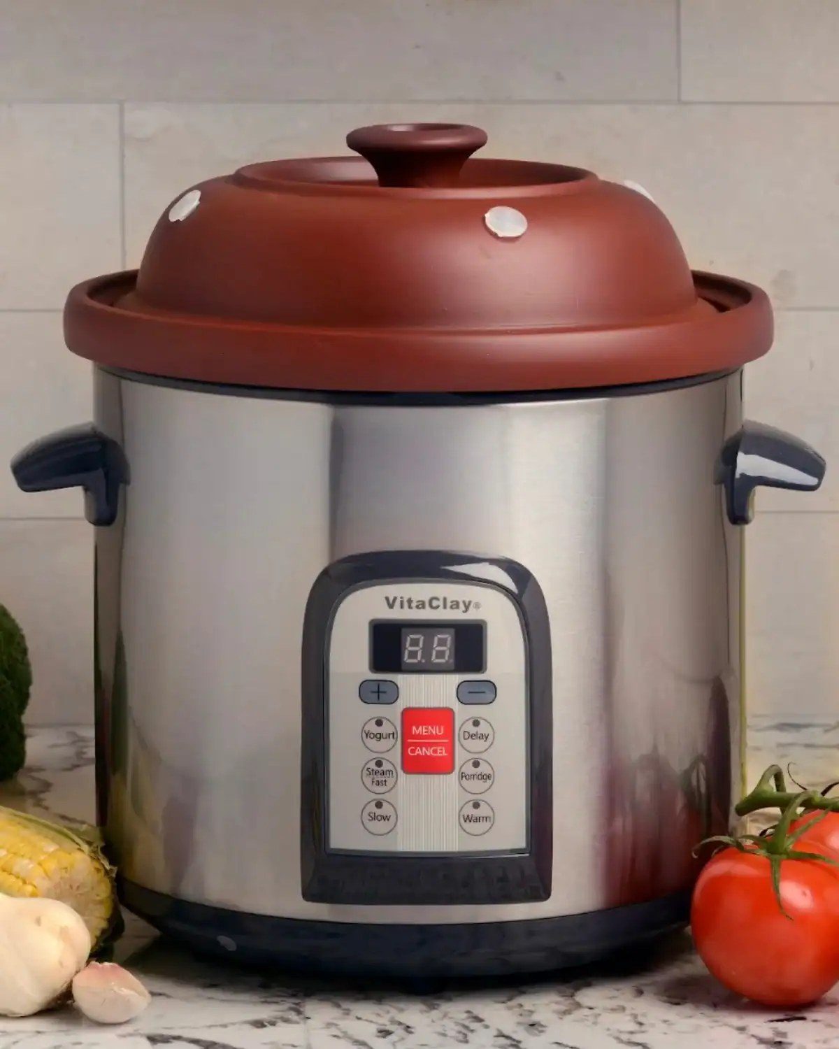 VitaClay Chef natural clay slow cooker with unglazed clay insert, non-toxic and free from synthetic coatings.