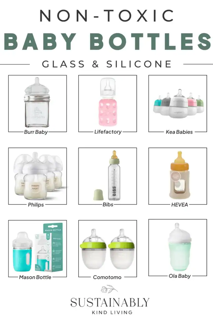 Text reading "non-toxic baby bottles", showcasing various non-toxic baby bottle brands such as Burr Baby, Lifefactory, Kea Babies and more.