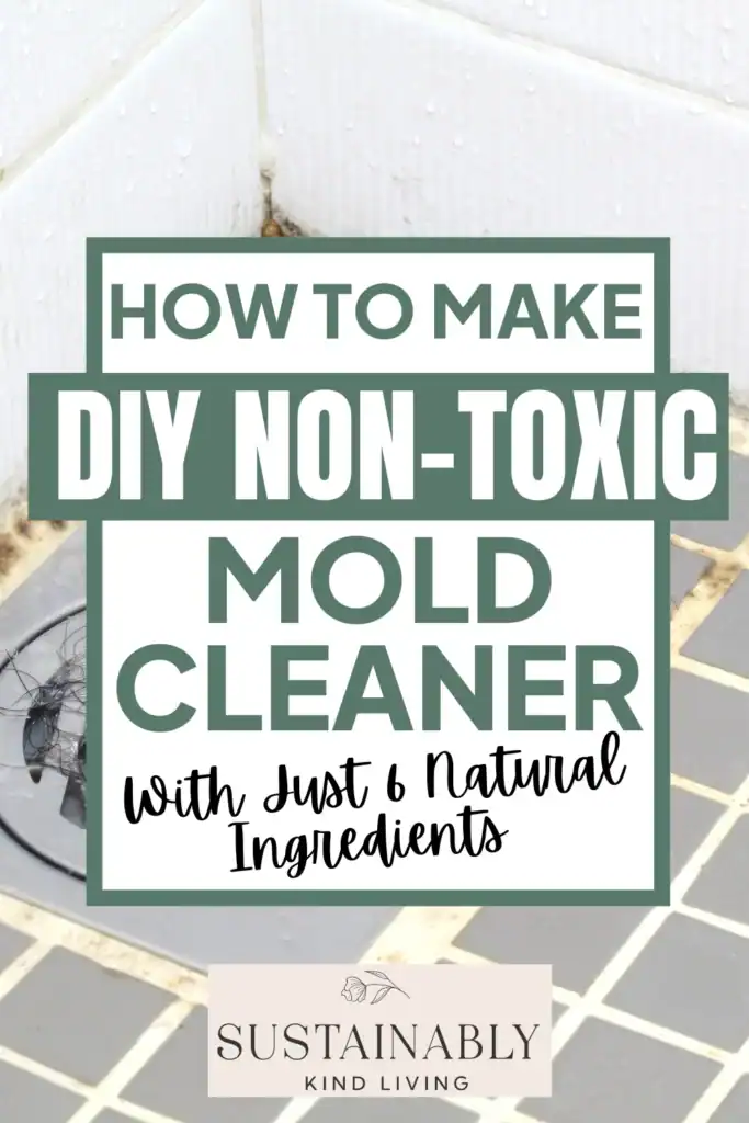 1 photo of mold on tiles, with text "how to make diy non-toxic mold cleaner with just 6 natural ingredients.