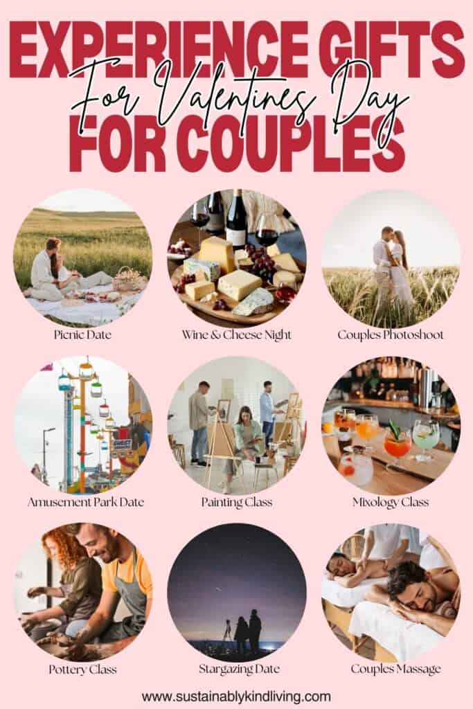 Pinterest-style graphic titled “Experience Gifts for Valentine’s Day for Couples” featuring ideas like a picnic date, wine and cheese night, couples photoshoot, amusement park date, painting class, mixology class, pottery class, stargazing date, and couples massage.