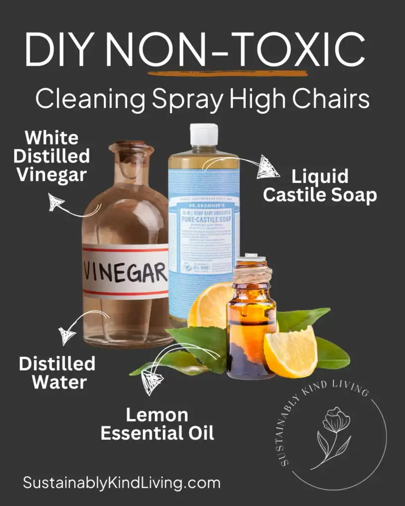 Text reading "DIY non-toxic cleaning spray high chairs", with text and images of what ingredients to use.