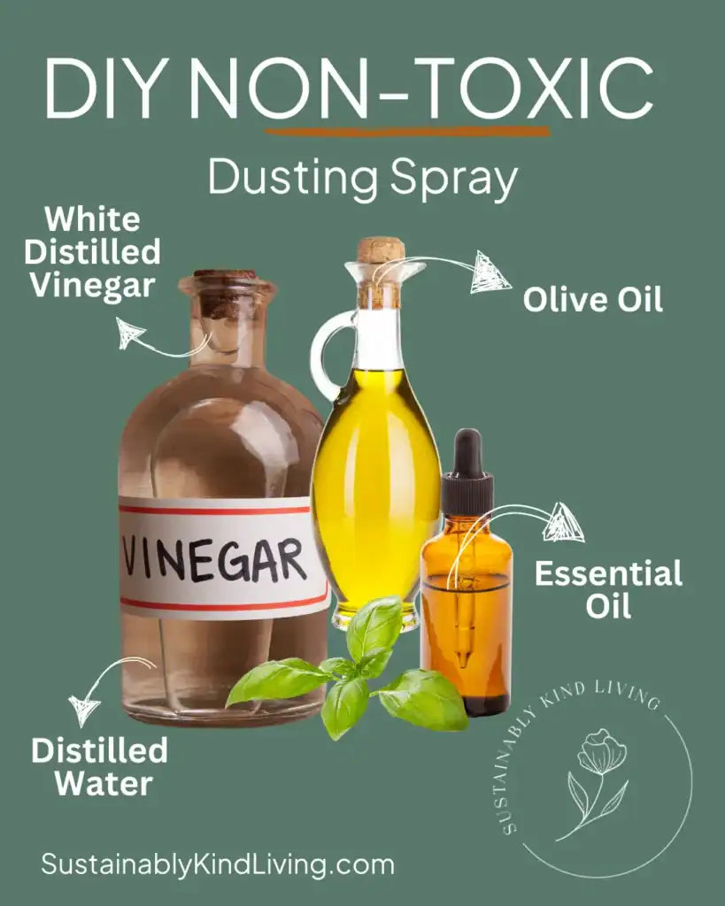 Text reading "DIY non-toxic dusting spray", with text and images of what ingredients to use.