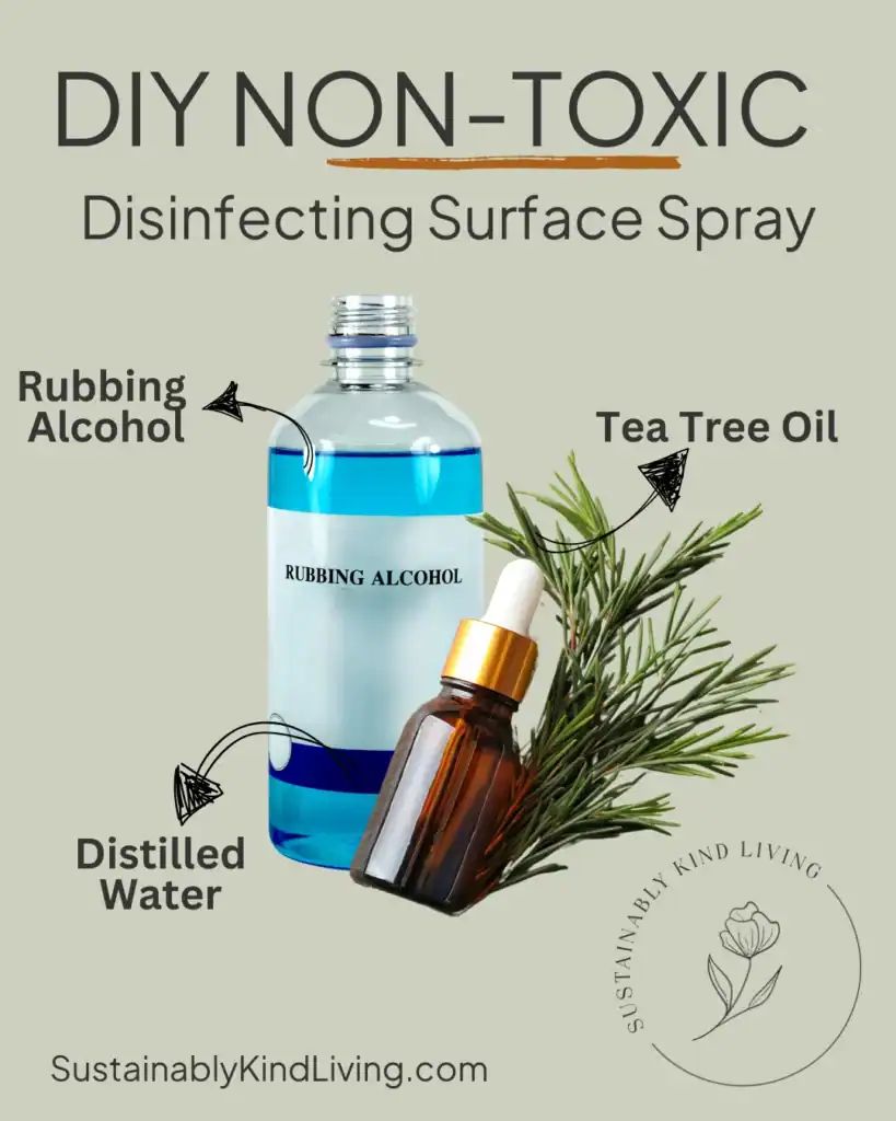 Text reading "DIY non-toxic disinfecting surface spray", with text and images of what ingredients to use.