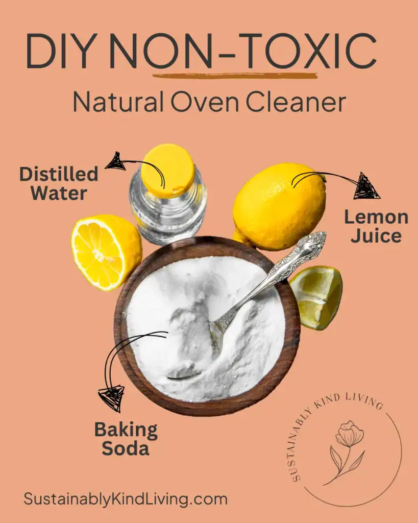 Text reading "DIY non-toxic natural oven cleaner", with text and images of what ingredients to use.