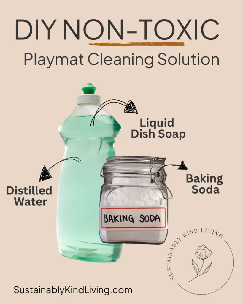 Text reading "DIY non-toxic playmat cleaning solution", with text and images of what ingredients to use.