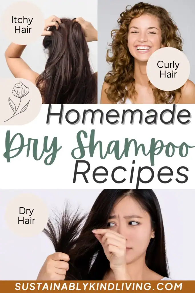 3 photos of women with different hair types, with text "homemade DIY dry shampoo recipes".