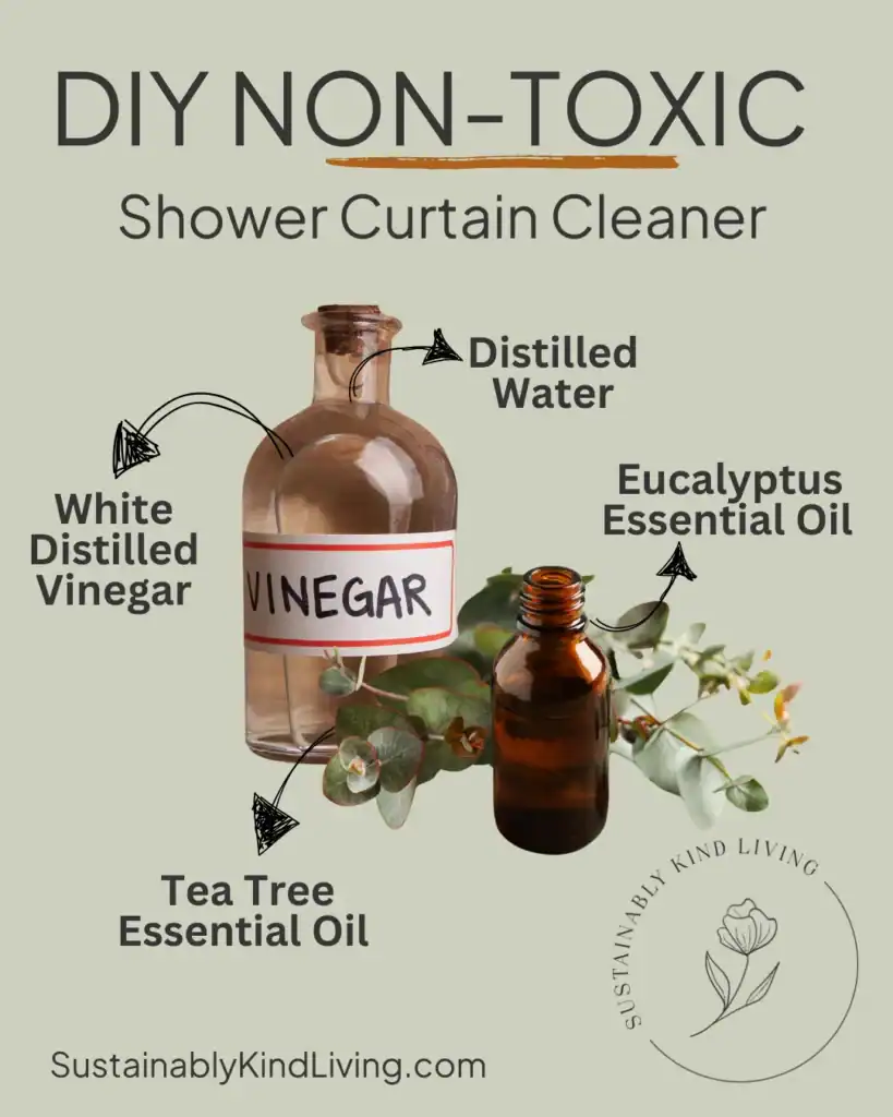 Text reading "DIY non-toxic shower curtain cleaner", with text and images of what ingredients to use.