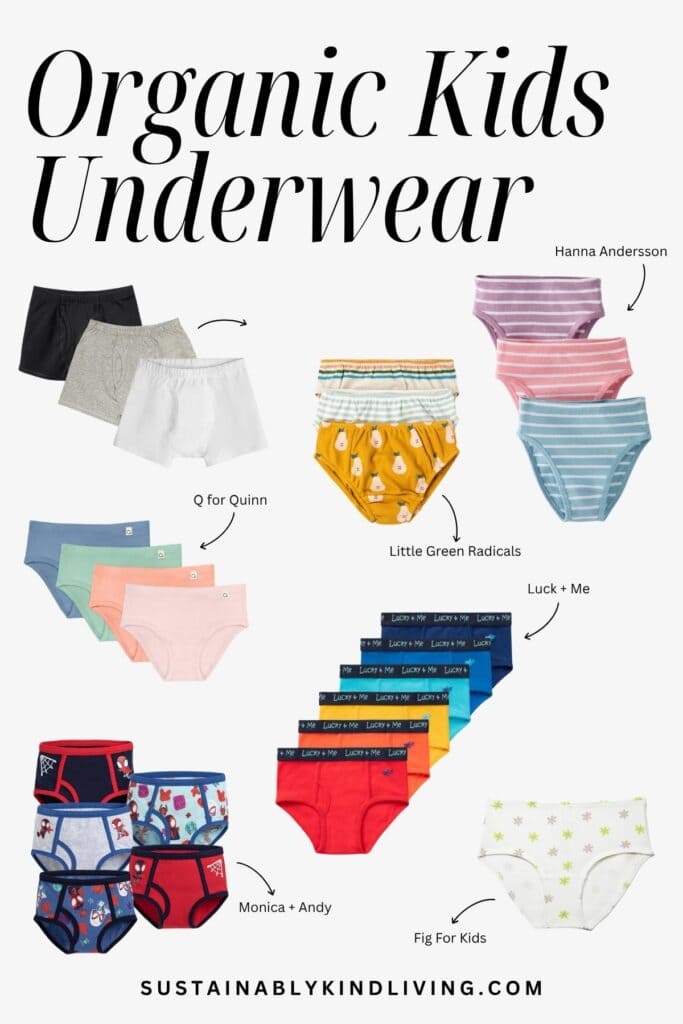 Image showing organic kids’ underwear from Q for Quinn, Hanna Andersson, Little Green Radicals, Lucky & Me, Monica + Andy, and Fig For Kids in assorted colors and styles.