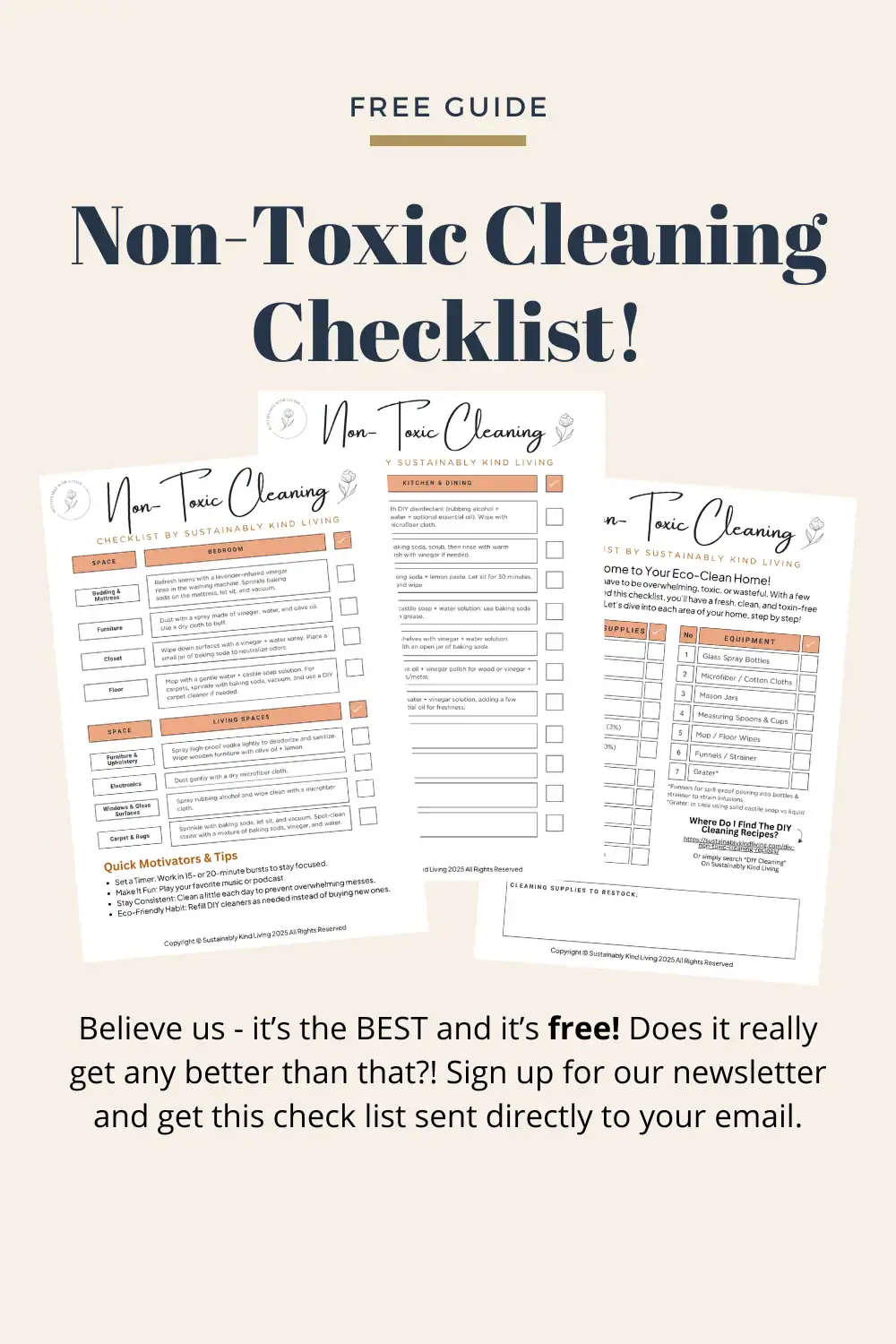 Non-Toxic Cleaning Checklist image with 3 photos of a cleaning checklist to help you clean your house without harmful chemicals