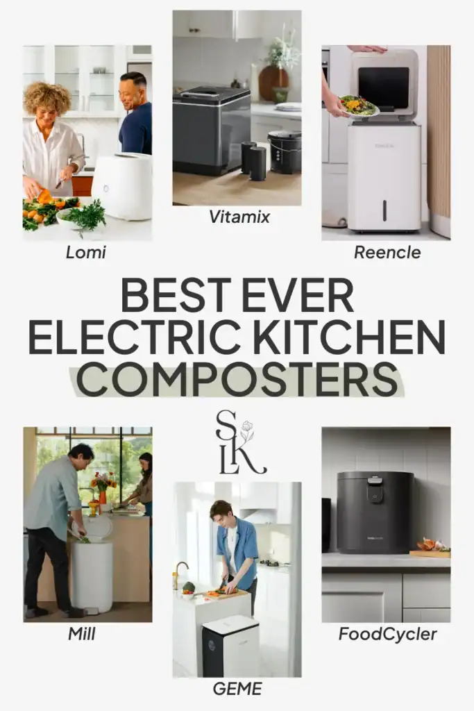 Text reading "best ever electric kitchen composters", showcasing electric composter brands such as Lomi, Vitamix, Reencle and more.