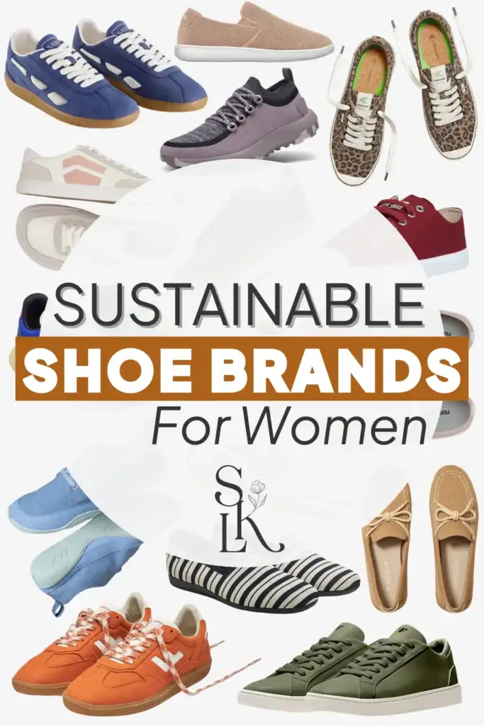 Text reading "sustainable shoe brands for women", with a collage of sustainable shoes for women.