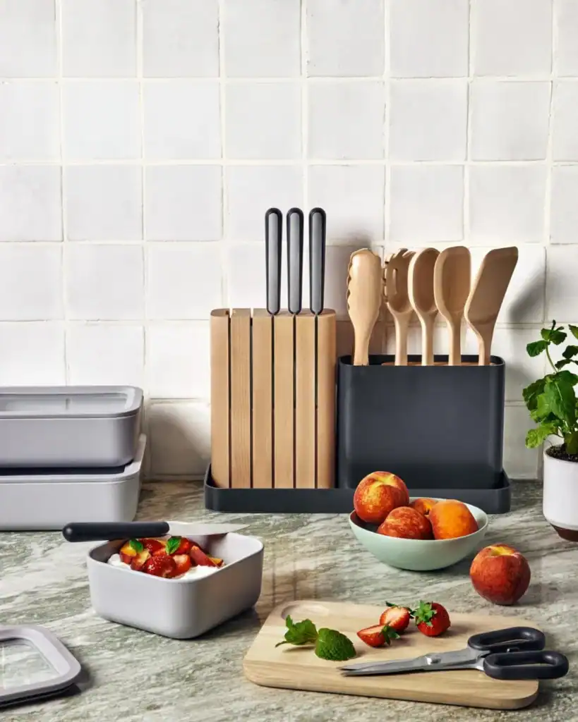 Caraway wooden utensil set, non-toxic birch wood kitchen tools with storage.