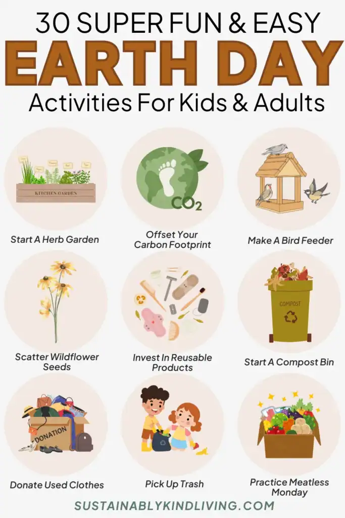 Text reading "30 super fun and easy Earth Day activities for kids and adults" showcasing Earth Day activities such as donating used clothes, scattering wildflower seeds, starting a herb garden and more.