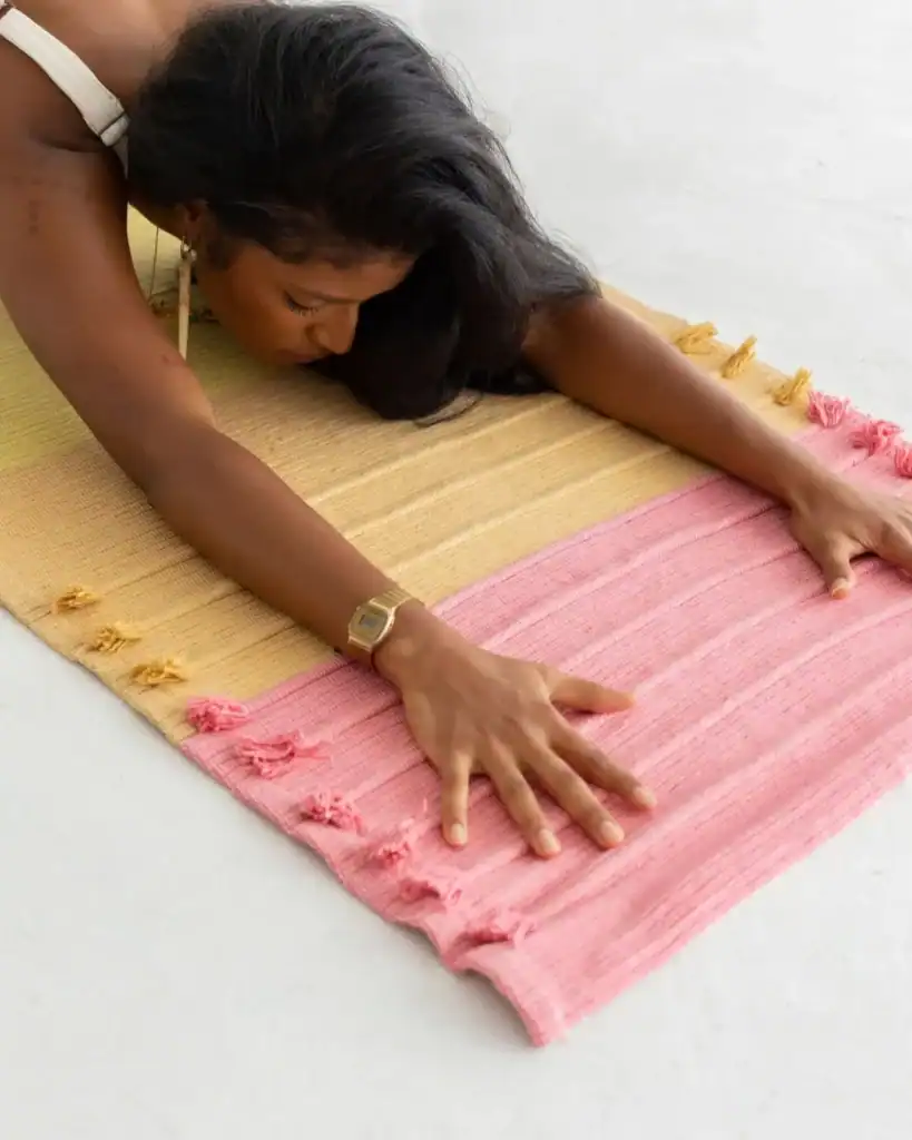 Oko Living organic cotton yoga rug handcrafted from GOTS-certified organic cotton and natural plant dyes.
