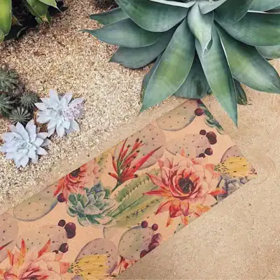 Scoria Botanicals Cork Yoga Mat made from natural cork and tree rubber, featuring a colorful botanical print and non-toxic materials for yoga and exercise.