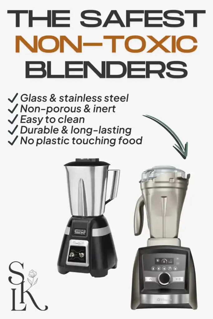 Text reading "the safest non-toxic blenders", with text that highlights key features as well as 2 images of non-toxic blenders.