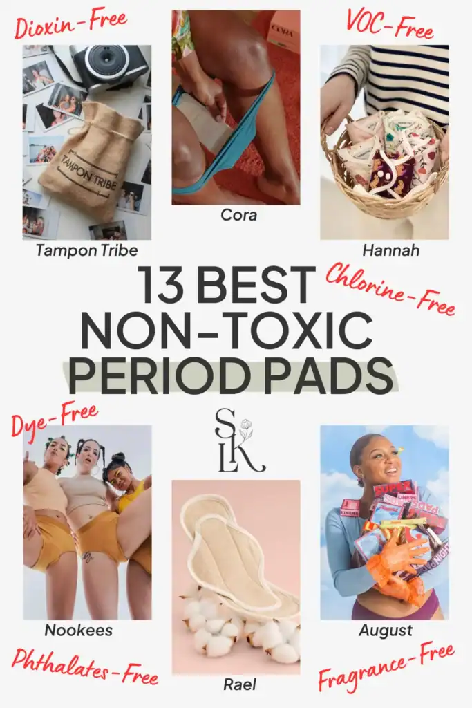 Text reading "13 best non-toxic period pads", showcasing non-toxic period pad brands such as Tampon Tribe, Cora, Hannah and more. 