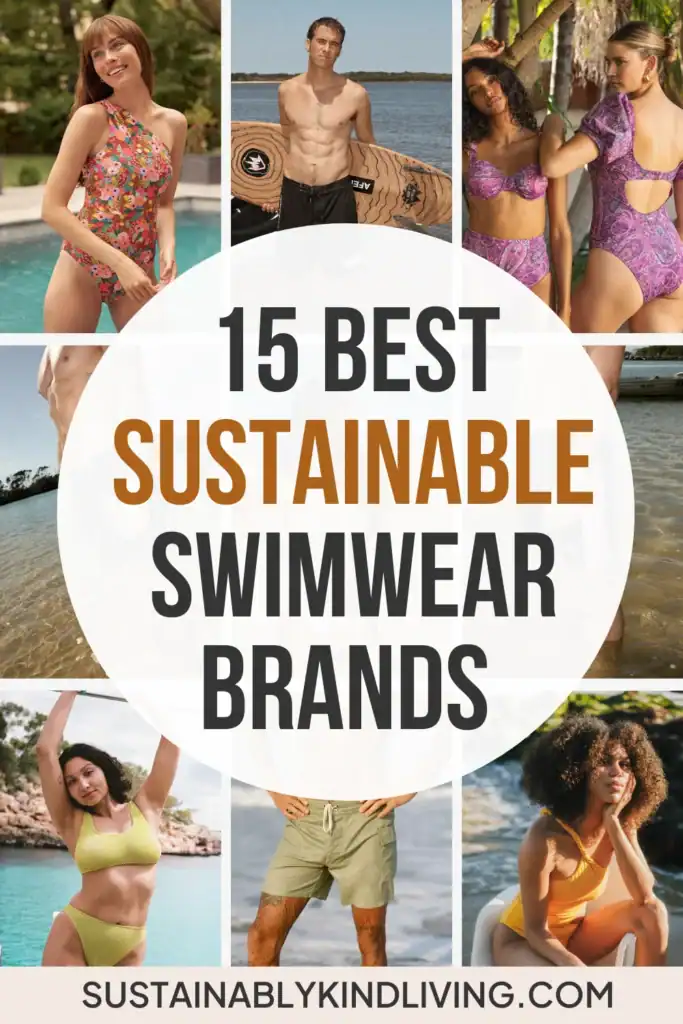 Text reading "15 best sustainable swimwear brands", showcasing 9 images of sustainable swimwear.