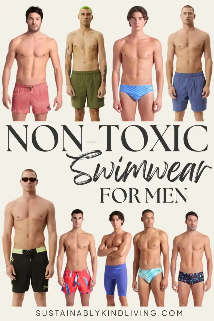 Text reading "non-toxic swimwear for men", showcasing a collage of men wearing non-toxic swimwear.