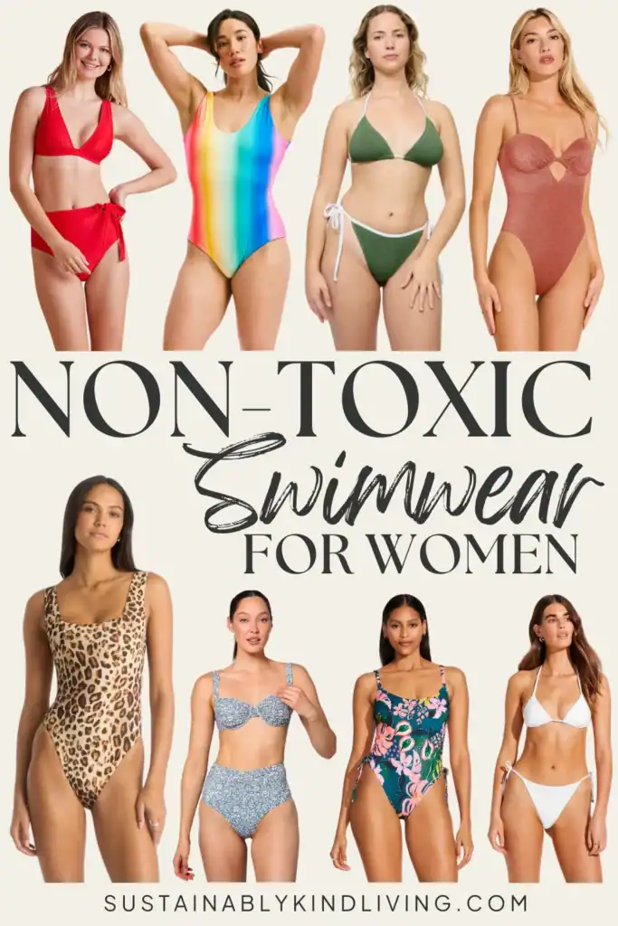 Text reading "non-toxic swimwear for women", showcasing a collage of women wearing non-toxic swimwear.