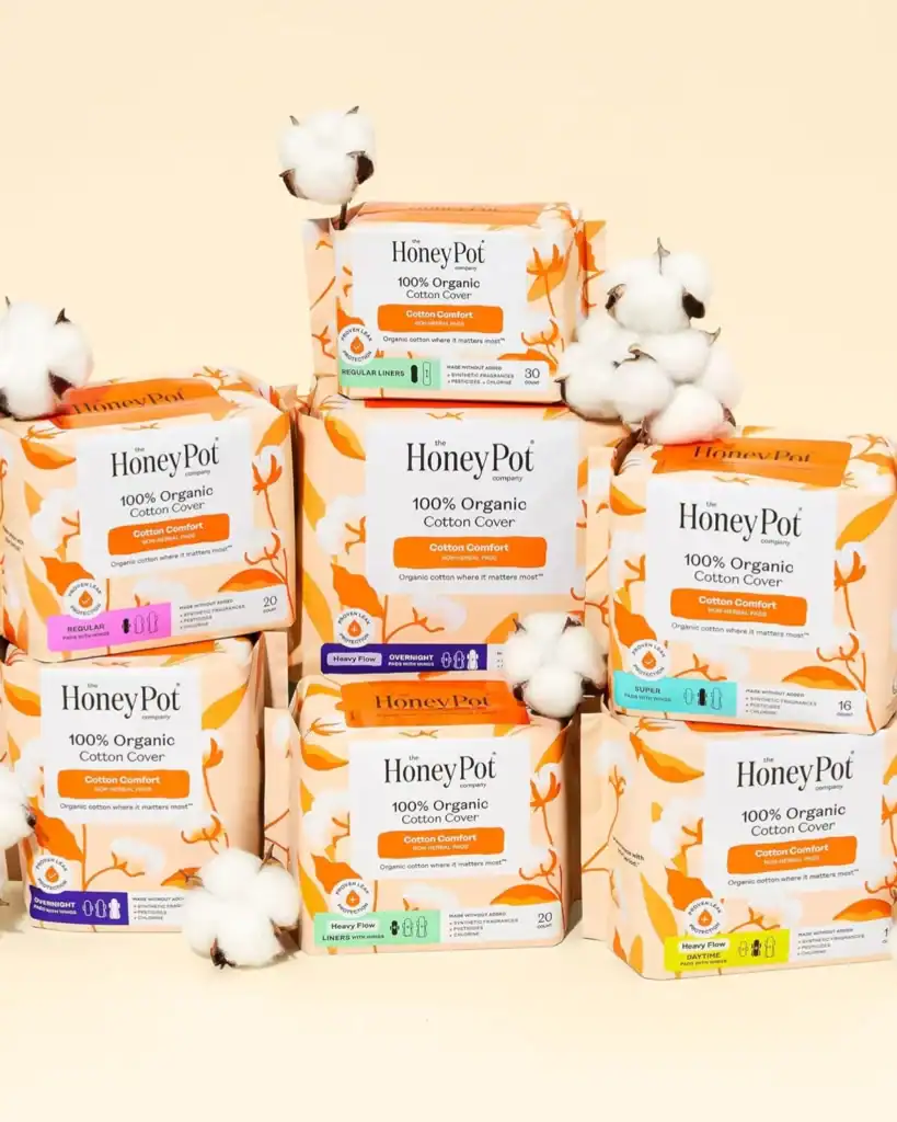 The Honey Pot organic period pads with an organic cotton cover and herbal cooling infusion.