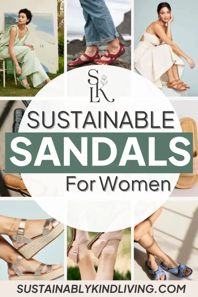 Text reading "sustainable sandals for women", showcasing 9 images of women wearing sustainable sandals.