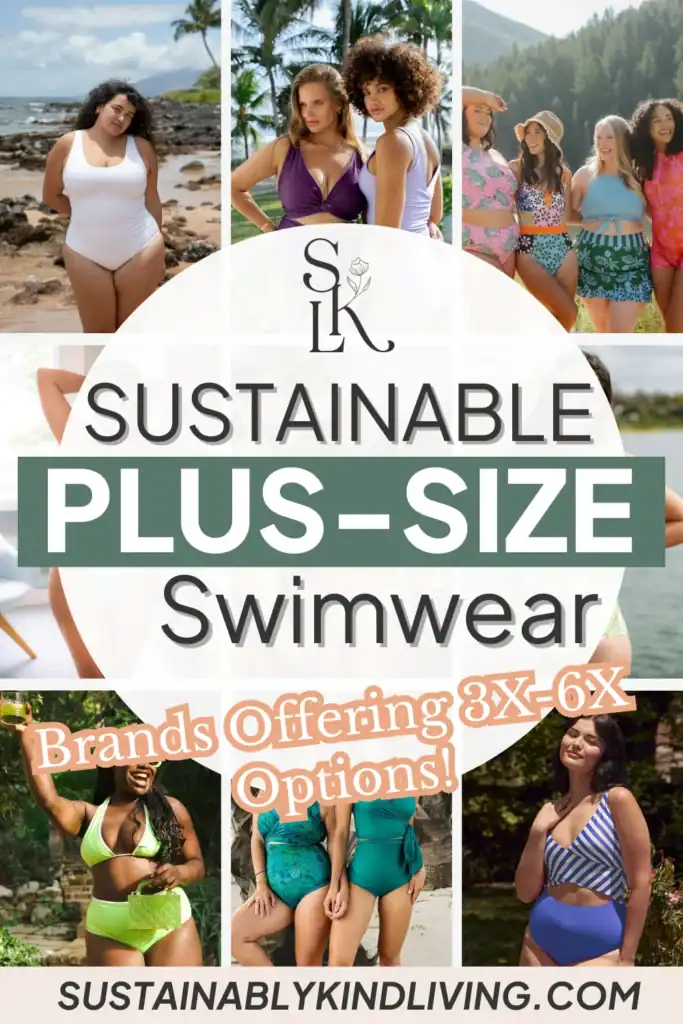 Text reading "sustainable plus-size swimwear brands offering 3X-6X options", showcasing 9 images of women wearing sustainable plus-size swimwear.
