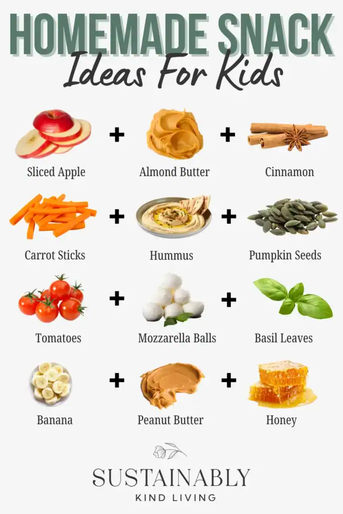 Text reading "homemade snack ideas for kids", featuring healthy combinations like sliced apple with almond butter and cinnamon, carrot sticks with hummus and pumpkin seeds, tomatoes with mozzarella and basil, and banana with peanut butter and honey.