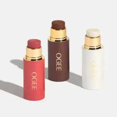 OGEE Crystal Contour Collection featuring non-toxic contour, blush, and highlighter sticks made with organic ingredients.