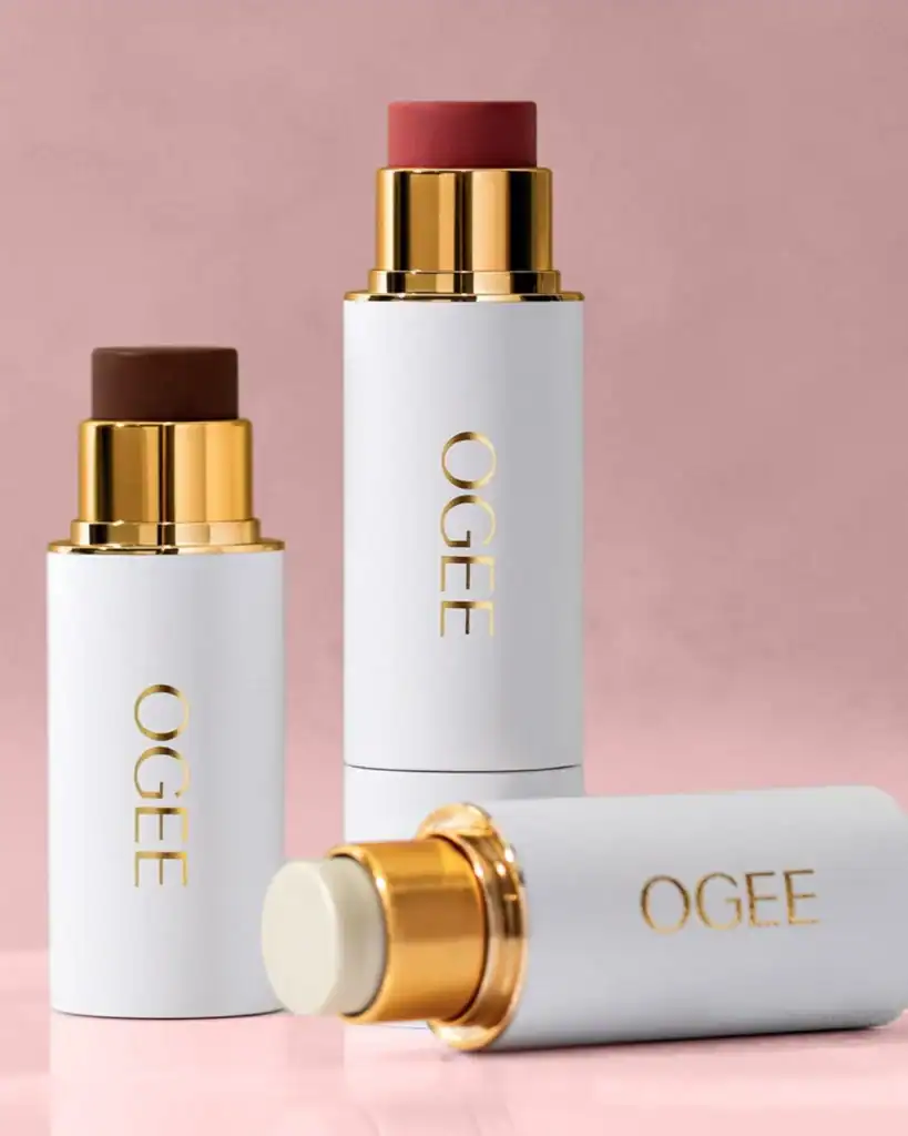 OGEE organic makeup sticks including contour, blush, highlighter, and foundation for a simple clean beauty routine.