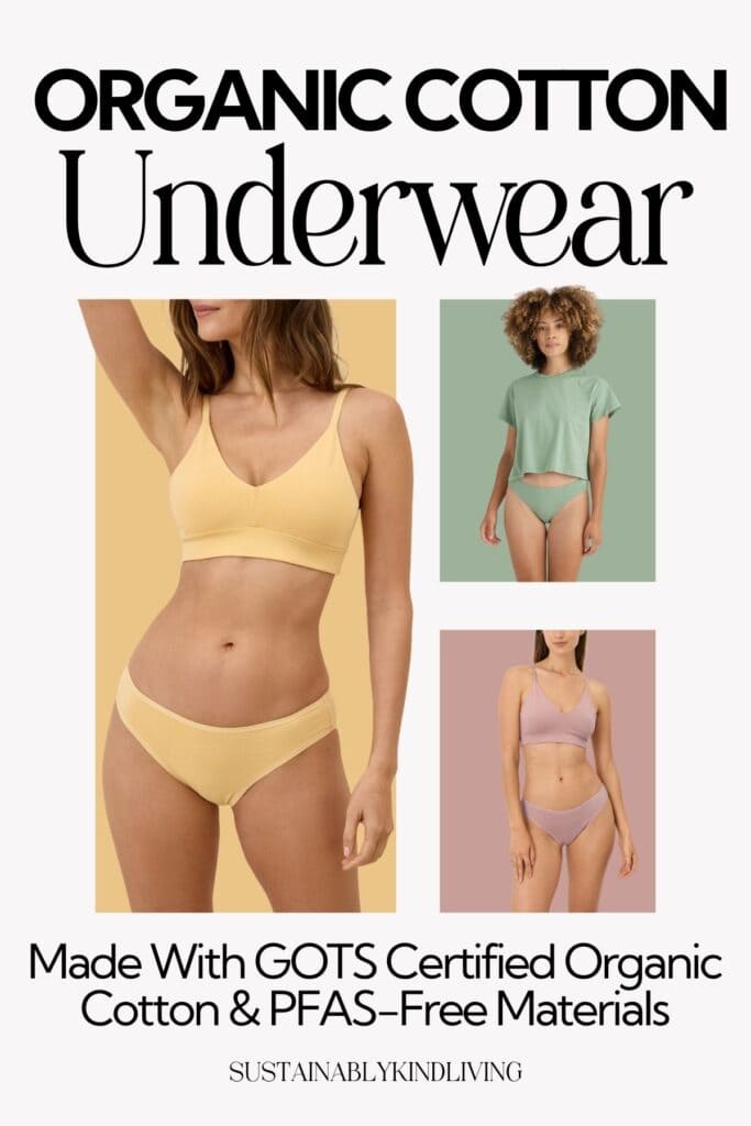 Organic cotton underwear guide featuring women in GOTS-certified underwear sets made with PFAS-free materials.